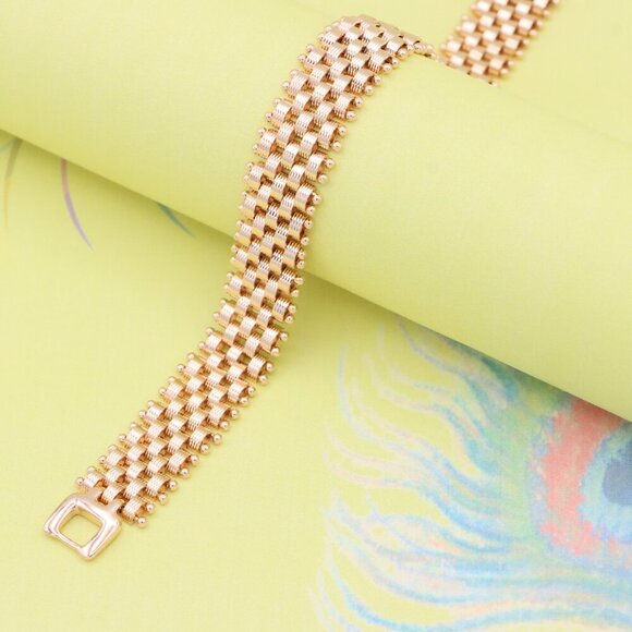 "Elegant Rose Gold Wide Chain Bracelet with Beaded Edge Design, XPBL0866 - Picture 11 of 12